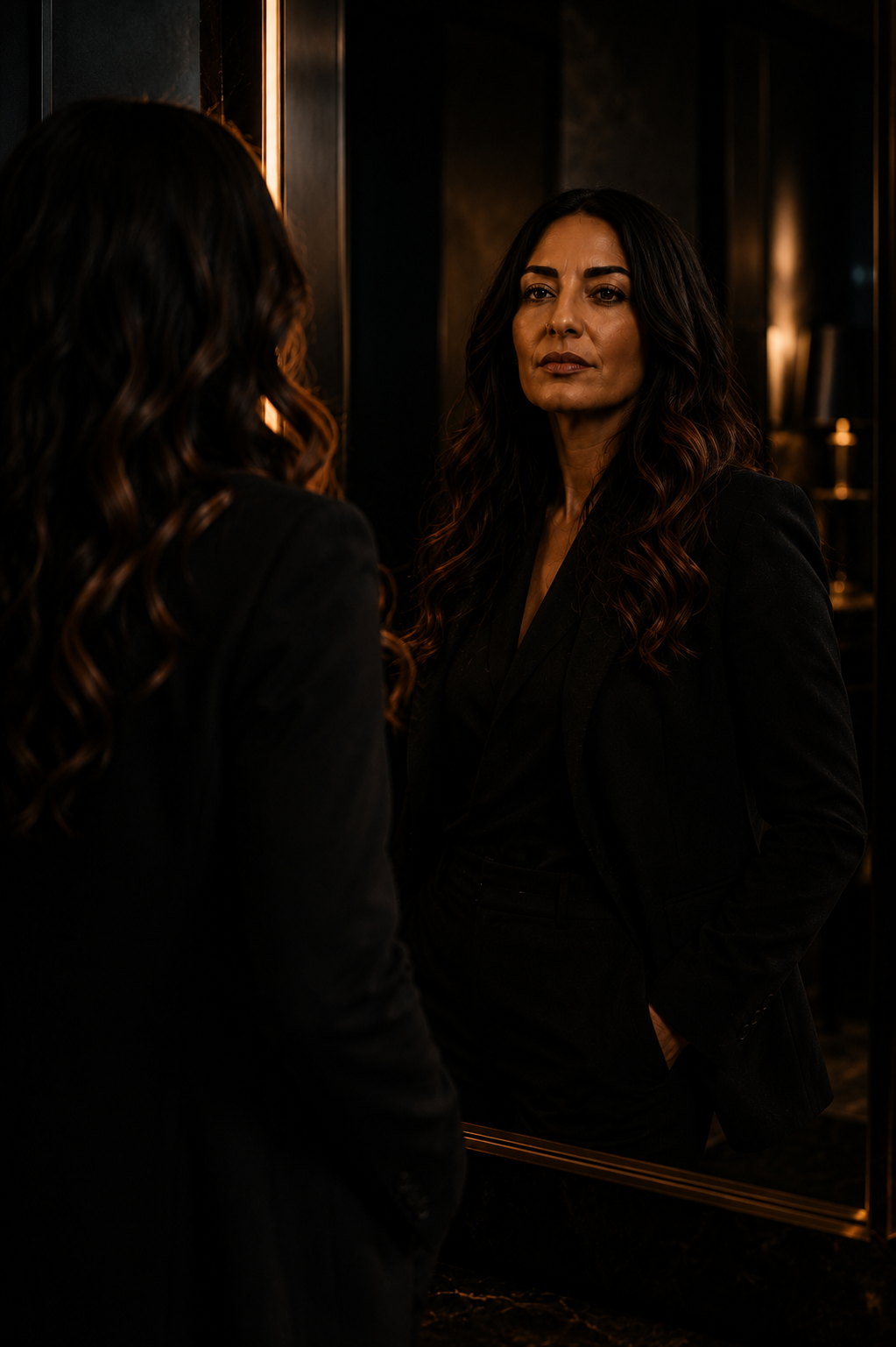 Woman before a softly lit mirror in a dark interior