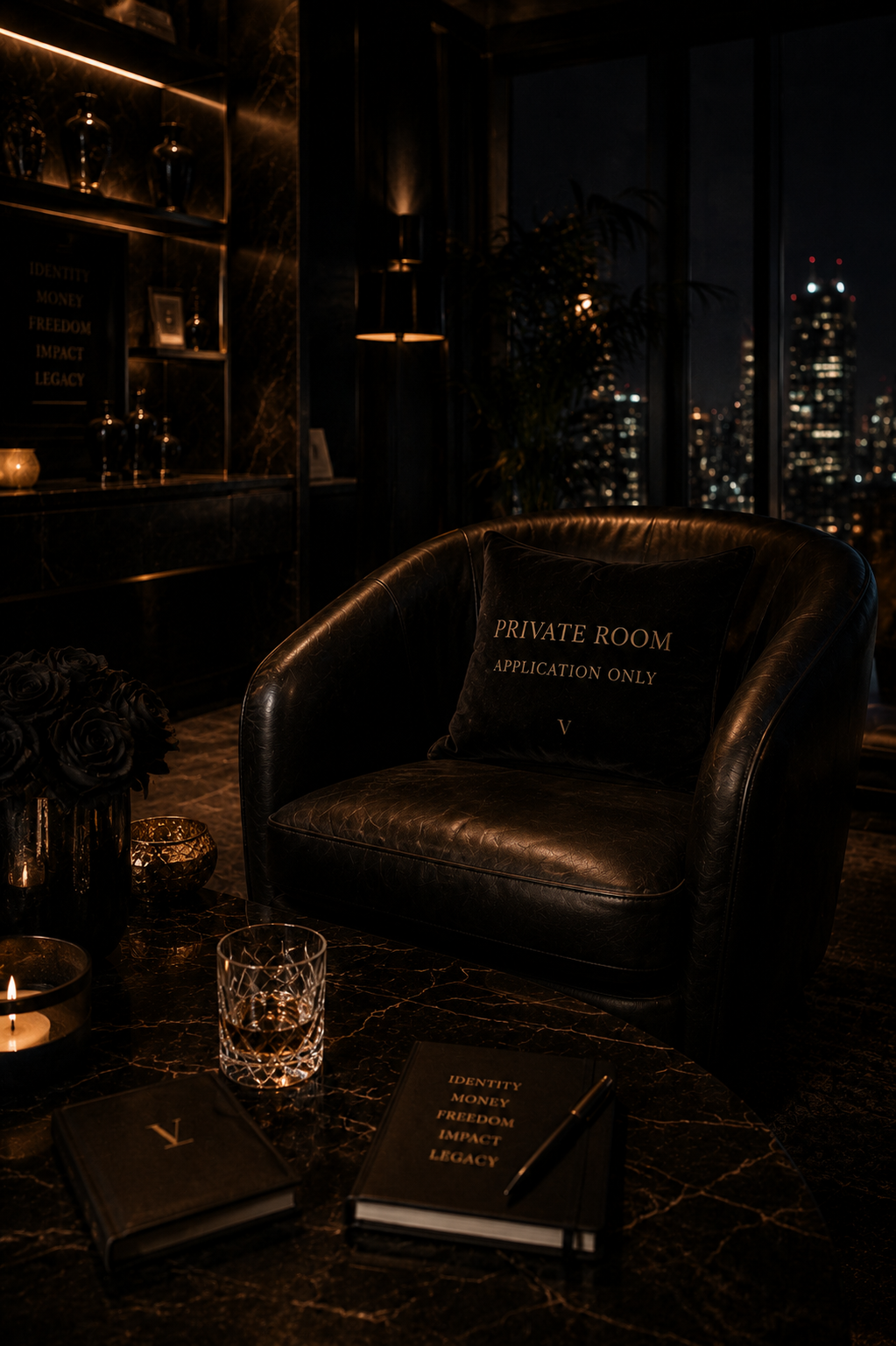 Dark leather chair in a private founder room with city skyline